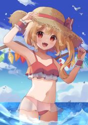 Rule 34 | 1girl, :d, bikini, bird, blonde hair, blue sky, cloud, day, flandre scarlet, hat, highres, looking at viewer, navel, ocean, open mouth, outdoors, red bikini, red eyes, seagull, sky, smile, solo, straw hat, swimsuit, touhou, user yncv4838, wading, water, water drop, wings, wrist cuffs