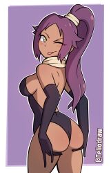Rule 34 | 1girl, ass, ass grab, bleach, blush, breasts, dark skin, gloves, highres, leotard, long hair, looking back, medium breasts, one eye closed, ponytail, purple hair, shihouin yoruichi, solo, tagme, teliodraw, tongue, tongue out, wink