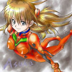 Rule 34 | 1girl, artist request, ass, blue eyes, bodysuit, breasts, brown hair, foreshortening, headgear, interface headset, long hair, looking at viewer, low twintails, medium breasts, neon genesis evangelion, pilot suit, plugsuit, red bodysuit, shiny clothes, simple background, smile, solo, souryuu asuka langley, twintails, two side up, white background