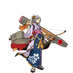 Rule 34 | 1girl, arrow (projectile), bow (weapon), cowinsky, full body, grey eyes, grey hair, japanese clothes, kaga (warship girls r), kimono, obi, official art, open mouth, sash, short hair, solo, talisman, transparent background, warship girls r, weapon