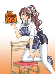 Rule 34 | 1girl, apron, ashigara (kancolle), brown eyes, brown hair, character name, frilled apron, frills, geru, gradient background, halloween, high ponytail, holding, kantai collection, looking at viewer, solo, twintails, wavy hair