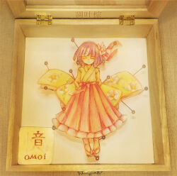 Rule 34 | 1girl, absurdres, album cover, album name, blunt bangs, box, circle name, closed eyes, closed mouth, cover, diao ye zong, facing viewer, floral print, flower, full body, hair flower, hair ornament, hair ribbon, hanada hyou, hieda no akyuu, highres, in box, in container, japanese clothes, long sleeves, needle, papercraft (medium), pink ribbon, pleated skirt, purple hair, ribbon, second-party source, short hair, skirt, solo, split mouth, tabi, touhou, unconventional media, white flower, wide sleeves, wooden box
