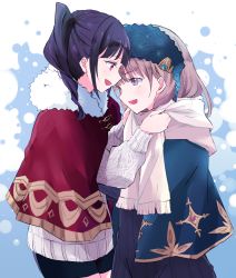 Rule 34 | 2girls, atelier (series), atelier totori, black hair, blue shawl, blush, commentary request, face-to-face, hair ornament, highres, maromi (am97), mimi houllier von schwarzlang, multiple girls, open mouth, ponytail, profile, purple eyes, red eyes, red shawl, scarf, shawl, shorts, smile, totooria helmold, winter clothes