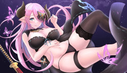 Rule 34 | 1girl, alternate costume, bare arms, bikini, black bikini, black bow, black cape, black thighhighs, blue eyes, blue ribbon, blush, bow, breasts, bug, butterfly, butterfly hair ornament, cape, cleavage, commentary request, demon horns, draph, feet out of frame, floating, floating cape, floating hair, front-tie bikini top, front-tie top, granblue fantasy, groin, hair bow, hair ornament, hair over one eye, hand on own stomach, hand up, horns, insect, jewelry, katana, keikei (kitty colors), knee up, lace, lace-trimmed legwear, lace trim, large breasts, light particles, light smile, long hair, looking at viewer, narmaya (granblue fantasy), navel, necklace, night, night sky, outdoors, parted lips, pink hair, pointy ears, purple butterfly, ribbon, ribbon-trimmed bikini, ribbon trim, sheath, sheathed, single thighhigh, skindentation, sky, solo, stomach, swimsuit, sword, thigh strap, thighhighs, very long hair, weapon