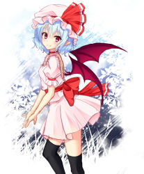Rule 34 | 1girl, bat wings, black thighhighs, blue hair, dress, fang, junior27016, looking at viewer, pointy ears, red eyes, remilia scarlet, short hair, thighhighs, touhou, white background, white dress, wings