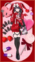 Rule 34 | 1girl, ame-chan (needy girl overdose), animal ears, animal hood, bag, black bag, black choker, black footwear, black hair, black thighhighs, bow, candy, character doll, choker, closed mouth, demon wings, fake animal ears, fake nails, food, frown, fruit, full body, hair down, hands up, hashtag-only commentary, heart, heart choker, highres, hood, hood up, hoodie, key, keyhole, loafers, lock, lollipop, long hair, long sleeves, looking at viewer, needy girl overdose, o-ring, o-ring thigh strap, official alternate costume, own hands together, pien cat (needy girl overdose), pill, rabbit hood, red background, red hoodie, shoes, shoulder bag, solo, standing, strawberry, thigh strap, thighhighs, white bow, wings, yumeno (yume0601)