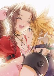 Rule 34 | 1boy, 1girl, aerith gainsborough, aqua eyes, arm around neck, armor, bangle, blonde hair, blue shirt, blush, bracelet, braid, braided ponytail, breasts, brown hair, cat princess, choker, cleavage, closed eyes, cloud strife, couple, curly hair, dress, final fantasy, final fantasy vii, final fantasy vii remake, flower, flower choker, hair ribbon, holding, holding flower, jacket, jewelry, lily (flower), long hair, looking at another, medium breasts, open mouth, parted bangs, pink dress, red jacket, ribbon, shirt, short hair, shoulder armor, sidelocks, sleeveless, sleeveless turtleneck, smile, spiked hair, square enix, teeth, turtleneck, upper body, upper teeth only, white background, white flower, yellow flower