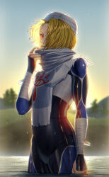 Rule 34 | 1girl, backlighting, blonde hair, blurry, bodysuit, commentary request, depth of field, flat chest, hair over one eye, hat, highres, jimaku, lake, nintendo, partially submerged, red eyes, sheik, short hair, solo, the legend of zelda, the legend of zelda: ocarina of time, tree, upper body