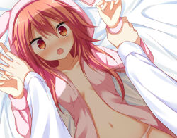 Rule 34 | 1girl, animal hood, bed sheet, blush, breasts, collarbone, commentary, dutch angle, embarrassed, eyelashes, from above, grabbing another&#039;s hand, hair between eyes, hand up, hood, hooded jacket, inaba meguru, jacket, korokoro cat, long hair, long sleeves, looking at viewer, lying, no bra, nose blush, on back, orange hair, panties, panty peek, pov, pov hands, red eyes, sanoba witch, small breasts, solo focus, stomach, straight-on, surprised, teeth, underwear, upper teeth only, w arms, white panties, wide sleeves