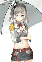 Rule 34 | 1girl, adapted costume, beret, cleavage, commentary request, hat, highres, holding, kantai collection, kashima (kancolle), long hair, looking at viewer, miniskirt, navel, negahami, grey eyes, silver hair, simple background, skirt, smile, solo, umbrella, white background