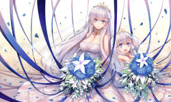 Rule 34 | 2girls, aged down, alternate costume, azur lane, bare shoulders, belfast (azur lane), belfast (the pledge of claddagh) (azur lane), belfast (the pledge of claddagh) (azur lane), blue eyes, blue ribbon, blush, bouquet, braid, bride, chain, collar, collarbone, crossed bangs, dress, earrings, flower, gloves, gold, gold chain, highres, holding, holding bouquet, jewelry, little bel (azur lane), long hair, looking at viewer, multiple girls, one side up, open mouth, petals, revision, ribbon, sidelocks, silver hair, smile, star (symbol), star earrings, strapless, strapless dress, tama yu, tiara, wedding dress, white dress, white gloves