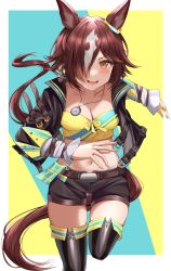 Rule 34 | 1girl, :d, absurdres, animal ears, aqua background, black footwear, black shorts, boots, breasts, brown eyes, brown hair, cleavage, commentary, crop top, hair over one eye, highres, horse ears, jacket, long hair, long sleeves, looking at viewer, medium breasts, midriff, navel, open clothes, open jacket, open mouth, sachiko nya, short shorts, shorts, smile, solo, standing, standing on one leg, stomach, strapless, tail, thigh boots, thighs, tube top, two-tone background, umamusume, vodka (umamusume), yellow background