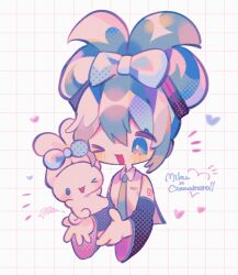 Rule 34 | &gt; o, 1girl, bare shoulders, black sleeves, blue eyes, blue hair, blue necktie, blush, bow, character name, chibi, cinnamiku, cinnamoroll, collared shirt, commentary, cropped torso, detached sleeves, double bun, grid background, hair bow, hair bun, hair ornament, halftone, hatsune miku, heart, highres, long sleeves, looking at viewer, mid (doa 3d), necktie, number tattoo, one eye closed, open mouth, sanrio, shirt, signature, sleeveless, sleeveless shirt, smile, symbol-only commentary, tattoo, upper body, vocaloid, white background, wide sleeves