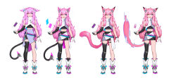 Rule 34 | 1girl, absurdres, ai.mi (omega strikers), animal ears, black shirt, blue eyes, boots, cat ears, cat tail, collared shirt, concept art, earbuds, earphones, gloves, hair between eyes, heterochromia, highres, liyart, looking at viewer, official art, omega strikers, pink hair, shirt, simple background, single leg pantyhose, skirt, solo, tail, white background, yellow eyes