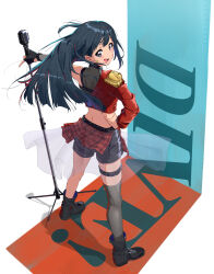 Rule 34 | 0364p, 1girl, absurdres, black hair, blue hair, blush, dive! (love live!), earrings, english text, fingerless gloves, from behind, full body, gloves, grey eyes, hair ornament, highres, holding, holding microphone stand, jacket, jewelry, long hair, looking at viewer, looking back, love live!, love live! nijigasaki high school idol club, microphone stand, multicolored hair, purple hair, red hair, short shorts, shorts, single glove, single sleeve, single thighhigh, smile, solo, standing, star (symbol), star earrings, thighhighs, white background, yuki setsuna (love live!)