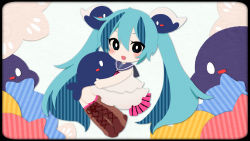 Rule 34 | 1girl, aqua hair, black eyes, blue sailor collar, boots, border, bright pupils, brown legwear, chibi, commentary request, dress, flat color, full body, hair ornament, hatsune miku, holding, holding stuffed toy, long hair, looking at viewer, neckerchief, open mouth, pink neckerchief, sailor collar, sailor dress, smile, solo, stuffed toy, stuffed whale, sudachi (calendar), thigh boots, twintails, vocaloid, whale, whale hair ornament, white pupils