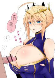 Rule 34 | 1boy, 1girl, ahoge, artoria pendragon (fate), artoria pendragon (lancer) (fate), bare shoulders, blonde hair, blue eyes, blush, braid, breast lift, breasts, censored, cleavage, cleavage cutout, clothing cutout, crown, fate/grand order, fate (series), flying sweatdrops, french braid, hair between eyes, han (jackpot), handsfree paizuri, huge breasts, imminent paizuri, nose blush, paizuri, parted lips, penis, perpendicular paizuri, pointless censoring, short hair, sidelocks, solo focus, translation request, turtleneck, yellow eyes