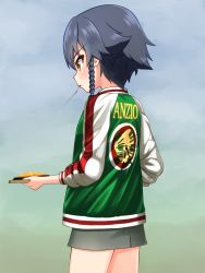 Rule 34 | 10s, 1girl, anzio (emblem), black hair, braid, brown eyes, closed mouth, commentary request, cowboy shot, emblem, english text, food, fork, from behind, frown, girls und panzer, green jacket, grey skirt, hair tie, highres, holding, holding food, jacket, letterman jacket, long sleeves, looking to the side, miniskirt, mouth hold, partial commentary, pencil skirt, pepperoni (girls und panzer), plate, ruka (piyopiyopu), short hair, side braid, skirt, solo, standing, utensil in mouth