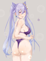 Rule 34 | 1girl, artist request, ass, bare shoulders, blush, bra, breasts, embarrassed, from behind, genshin impact, hair ornament, hairpin, highres, huge ass, keqing (genshin impact), large breasts, long hair, looking at viewer, looking back, open mouth, parted lips, purple eyes, purple hair, shiny skin, sideboob, solo, sweat, thong, twintails, underwear, very long hair