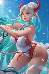 Rule 34 | 1girl, adapted costume, aqua hair, breasts, curled horns, day, dutch angle, earrings, hair ornament, hair stick, highres, hoop earrings, horns, jewelry, large breasts, leaning forward, lips, long hair, looking at viewer, multicolored hair, one-piece swimsuit, one piece, oni, outdoors, prywinko, red horns, solo, swimsuit, white hair, yamato (one piece)