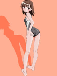 Rule 34 | 00s, 1girl, adjusting clothes, adjusting swimsuit, akya, ass, back, black one-piece swimsuit, blush, breasts, brown eyes, brown hair, competition swimsuit, from behind, full body, hair ornament, hairclip, highres, kneepits, leaning forward, looking at viewer, looking back, misaka mikoto, one-piece swimsuit, orange background, pigeon-toed, shadow, short hair, simple background, solo, standing, swimsuit, toaru majutsu no index
