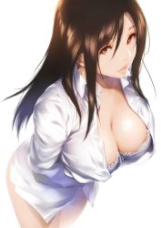 Rule 34 | 1girl, bra, breasts, brown eyes, brown hair, dress shirt, kikurage (plastic people), large breasts, long hair, looking at viewer, open mouth, shirt, simple background, solo, unbuttoned, unbuttoned shirt, underwear, white background, white shirt