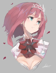 Rule 34 | 1girl, ark royal (kancolle), blue eyes, bob cut, breasts, cleavage, cleavage cutout, closed mouth, clothing cutout, cropped torso, flower, grey background, highres, kantai collection, medium breasts, petals, red flower, red hair, red neckwear, red rose, rose, short hair, signature, simple background, solo, sunday aki, tiara