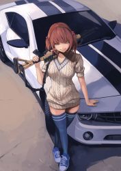 Rule 34 | 1girl, ammunition, aran sweater, blue thighhighs, cable knit, car, chevrolet, chevrolet camaro, crossed legs, dress, gun, gun sling, hair bobbles, hair ornament, koh (minagi kou), looking at viewer, md5 mismatch, mecha to identify, mossberg 500, motor vehicle, muscle car, orange eyes, original, over shoulder, pump action, red hair, shoes, short hair, shotgun, shotgun shell, smile, sneakers, solo, sweater, sweater dress, thighhighs, vehicle, vehicle focus, weapon, weapon over shoulder