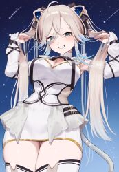 Rule 34 | 1girl, absurdres, ahoge, animal ears, armpits, belt, black belt, black bow, black ribbon, blue hair, bow, breasts, cleavage, collar, colored tips, corset, dress, earclip, frilled collar, frills, gradient hair, grey hair, grin, hair between eyes, hair bow, hair flip, haku sirono, high collar, highres, hololive, jewelry, large breasts, lion ears, lion tail, long hair, long sleeves, looking at viewer, multicolored hair, necklace, official alternate hairstyle, ribbed dress, ribbon, shishiro botan, shishiro botan (5th costume), shooting star, short dress, skindentation, sky, sleeve garter, smile, solo, star (sky), star (symbol), star print, starry sky, tail, thighhighs, thighs, twintails, very long hair, white collar, white corset, white sleeves, white thighhighs, zettai ryouiki