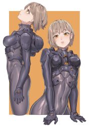 Rule 34 | 1girl, black bodysuit, blush, bodysuit, border, breasts, brown eyes, covered navel, fangxiang cuoluan, highres, light brown hair, looking at viewer, looking up, multiple views, open mouth, original, profile, short hair, simple background, small breasts, two-tone background, white border