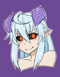 Rule 34 | 1girl, ahoge, animated, animated gif, bad deviantart id, bad id, bare shoulders, black sclera, blue hair, blush, closed mouth, collarbone, colored sclera, demon girl, demon horns, headbobbing, horns, less, lilim (monster girl encyclopedia), looking at viewer, mari (maritan), monster girl encyclopedia, pointy ears, portrait, purple background, red eyes, simple background, smile, solo