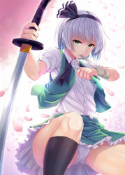 Rule 34 | &gt;:/, 1girl, :/, bandages, biting, black ribbon, black socks, bloom, buttons, cherry blossoms, commentary request, floral print, green eyes, green skirt, green vest, hair ribbon, hairband, injury, katana, konpaku youmu, looking at viewer, miniskirt, noe noel, open clothes, open vest, panties, pantyshot, petals, puffy short sleeves, puffy sleeves, ribbon, shirt, short hair, short sleeves, silver hair, skirt, skirt set, socks, solo, spread legs, sword, thick thighs, thighs, touhou, tsurime, underwear, unsheathed, upskirt, v-shaped eyebrows, vest, weapon, white panties, white shirt