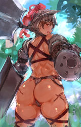 Rule 34 | armor, ass, axe, c.cu, dark skin, from behind, fundoshi, helmet, japanese clothes, loincloth, muscular, muscular female, scar, shield, thick thighs, thighs, thong