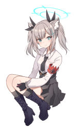 Rule 34 | 1girl, absurdres, alternate hairstyle, animal ear fluff, animal ears, armband, black necktie, black skirt, black socks, blue archive, boots, breast pocket, breasts, cat ears, closed mouth, collared shirt, cosplay, earrings, full body, goyain, green eyes, grey hair, halo, high-waist skirt, high heel boots, high heels, highres, iori (blue archive), iori (blue archive) (cosplay), jewelry, kneehighs, long sleeves, looking at viewer, medium hair, mismatched pupils, necktie, pocket, shiroko (blue archive), shirt, shirt tucked in, simple background, skirt, small breasts, smile, socks, solo, stud earrings, twintails, white background, white shirt