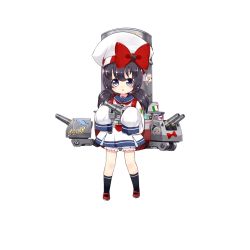 Rule 34 | 1girl, aged down, alternate costume, antonio da noli (zhan jian shao nyu), backpack, bag, black socks, bloomers, blush, bow, cannon, dress, flag of the united states navy, french flag, full body, hat, holding, holding weapon, italian flag, italy, linda b, looking at viewer, machinery, official art, open mouth, oversized clothes, purple eyes, purple hair, randoseru, red bow, red footwear, ribbon, sailor collar, sailor dress, shirt, shoes, short twintails, sleeves past wrists, smokestack, socks, solo, standing, sticker, striped ribbon, transparent background, turret, twintails, underwear, union jack, warship girls r, weapon, white hat, white shirt
