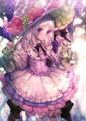 Rule 34 | + +, 1girl, absurdres, blurry, blurry background, blush, braid, creatures (company), dappled sunlight, dress, flower, food, fruit, game freak, grapes, hand up, hat, hat flower, hat ornament, highres, huge filesize, long sleeves, moe (hamhamham), nintendo, pantyhose, personification, pocket, pokemon, silver hair, smile, solo, striped clothes, striped legwear, striped pantyhose, sunlight, vertical-striped clothes, vertical-striped pantyhose