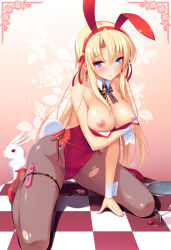 Rule 34 | 1girl, animal ears, arm support, black pantyhose, blonde hair, blue eyes, blush, breast hold, breasts, checkered floor, cherry, cleavage, clothes pull, cocktail glass, cup, cygnus (cygnus7), detached collar, dress pull, drinking glass, egg vibrator, fake animal ears, female focus, floor, food, fruit, kneeling, large breasts, leotard, long hair, looking at viewer, md5 mismatch, nipples, original, pantyhose, parted lips, playboy bunny, pussy juice, pussy juice puddle, pussy juice trail, rabbit, rabbit ears, rabbit tail, revision, sex toy, solo, spill, spread legs, tail, torn clothes, torn pantyhose, tray, vibrator, wrist cuffs