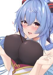 Rule 34 | bell, between breasts, blue hair, blush, breasts, breasts squeezed together, cleavage, food, fuurin restia, ganyu (genshin impact), genshin impact, gold trim, heart, highres, horns, large breasts, long hair, looking at viewer, multicolored eyes, neck bell, no gloves, pocky, sleeveless, solo, tongue, tongue out, white background