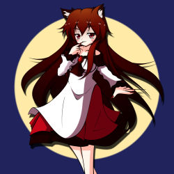 Rule 34 | 1girl, :3, animal ears, blue background, blush, breasts, brooch, brown hair, dress, finger in own mouth, fingernails, full moon, highres, imaizumi kagerou, jewelry, long fingernails, long hair, looking at viewer, masu kin, moon, nail polish, red eyes, simple background, solo, touhou, wolf ears