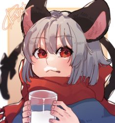 Rule 34 | 1girl, :q, animal ears, black bow, bow, capelet, commentary request, cup, drinking glass, glass, grey hair, highres, holding, holding cup, looking at viewer, milk, milk mustache, mouse ears, mouse tail, nazrin, one-hour drawing challenge, prat rat, red eyes, red scarf, scarf, scarf bow, short hair, signature, solo, tail, tail bow, tail ornament, tongue, tongue out, touhou, upper body, yellow background