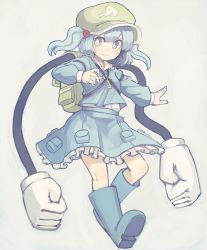 Rule 34 | 1girl, backpack, bad id, bad pixiv id, bag, blue hair, boots, female focus, hair bobbles, hair ornament, hat, kawashiro nitori, ketopon, key, mechanical arms, short hair, skirt, skirt set, smile, solo, touhou, twintails, two side up