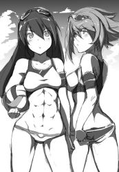 Rule 34 | 2girls, abs, adjusting clothes, adjusting swimsuit, armband, blush, character name, character request, cloud, cloudy sky, copyright request, eyewear on head, greyscale, kuronyan, long hair, looking at viewer, monochrome, multiple girls, navel, open mouth, sky, standing, sunglasses, swimsuit