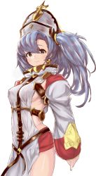 Rule 34 | 10s, 1girl, arms at sides, breasts, earrings, fingerless gloves, from side, gloves, granblue fantasy, highres, jewelry, long hair, long sleeves, looking at viewer, no bra, profile, puffy long sleeves, puffy sleeves, red shorts, shorts, sideboob, simple background, smile, solo, sophia (granblue fantasy), turtleneck, twintails, white background, yellow eyes, yosesan