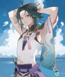 Rule 34 | 1boy, absurdres, ahoge, arm tattoo, armpits, arms up, bead necklace, beads, blouse, cloud, cloudy sky, commentary, cowboy shot, day, genshin impact, green hair, hair intakes, highres, jewelry, kamui (kurohshiro1), looking at viewer, male focus, multicolored hair, necklace, ocean, outdoors, parted bangs, parted lips, shirt, short hair with long locks, shoulder spikes, sidelocks, sky, sleeveless, sleeveless shirt, solo, spikes, tattoo, two-tone hair, white shirt, xiao (genshin impact), yellow eyes