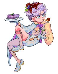 Rule 34 | 1boy, alternate costume, argyle, blue eyes, bow, bowtie, bulzizzang, cake, cape, cheesecake, chocolate syrup, food, food on head, full body, gloves, highres, holding, holding plate, jojo no kimyou na bouken, jonathan joestar, long sleeves, male focus, mouth hold, object on head, phantom blood, plate, puffy long sleeves, puffy sleeves, purple bow, purple bowtie, purple hair, shirt, shoes, shorts, simple background, smoking pipe, socks, solo, vest, white background, white cape, white footwear, white gloves, white shorts, yellow shirt
