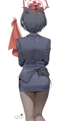 Rule 34 | 1girl, ass, black hair, black hat, blue archive, dohyo123123, extra ears, facing away, flag, halo, hat, highres, holding, holding flag, miniskirt, official alternate costume, pantyhose, pencil skirt, short hair, simple background, skirt, solo, tour guide, tsubaki (blue archive), tsubaki (guide) (blue archive), walkie-talkie, white background