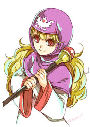 Rule 34 | 1girl, bad link, blonde hair, closed mouth, curly hair, dragon quest, dragon quest ii, dress, hood, long hair, looking at viewer, princess, princess of moonbrook, red eyes, robe, simple background, smile, solo, staff, white background