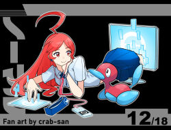 Rule 34 | 1girl, ahoge, artist name, black background, blue skirt, brooch, closed mouth, collared shirt, commentary, crab-san, creatures (company), crop top, digital media player, earbuds, earphones, english commentary, game freak, gen 2 pokemon, grey shirt, head rest, highres, huge ahoge, jewelry, long hair, looking at creature, lying, monitor, necktie, nintendo, numbered, on stomach, parted bangs, pink necktie, pixels, pleated skirt, pokemon, pokemon (creature), porygon2, project voltage, red eyes, red hair, sf-a2 miki, shirt, short sleeves, skirt, smile, solo, star brooch, tablet pc, through medium, through screen, vocaloid