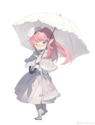 Rule 34 | 1girl, absurdres, beret, blue eyes, boots, capelet, dress, final fantasy, final fantasy xiv, gloves, hat, heterochromia, highres, holding, holding umbrella, lalafell, looking at viewer, parasol, pink hair, pointy ears, ponytail, red eyes, sample watermark, sidelocks, simple background, smile, solo, tsurumass, umbrella, warrior of light (ff14), watermark, weibo logo, weibo watermark, white background, white dress, white footwear, white gloves, white hat, white umbrella