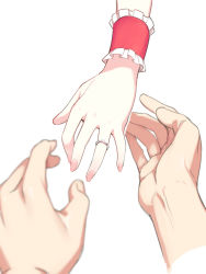Rule 34 | 1boy, 1girl, asutora, fingernails, hand focus, head out of frame, jewelry, ornate ring, remilia scarlet, ring, simple background, solo focus, touhou, white background, wrist cuffs
